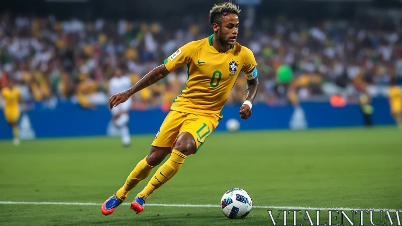 Dynamic Brazilian winger controlling ball in full sprint motion.