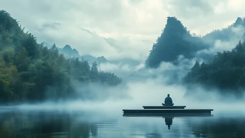Solitary figure meditating on a misty mountain lake scene.