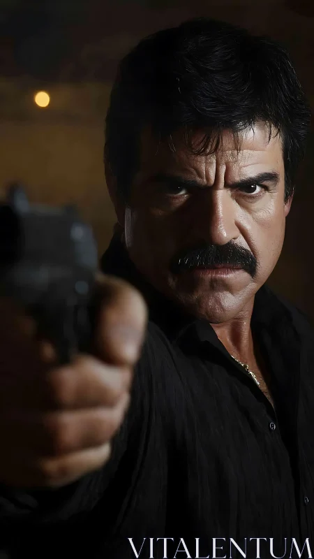 Man holds handgun toward camera in low key portrait