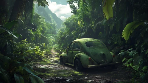 Weathered compact car on muddy jungle track at daylight.