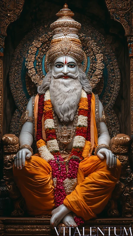 Ornate seated deity statue with garlands and golden crown
