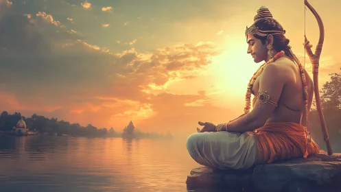 Serene warrior meditates beside sacred river at sunrise.