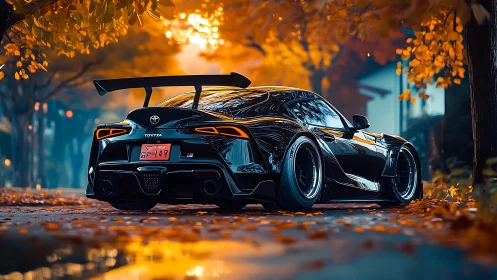 Widebody Toyota Supra rendered with high-gloss reflections in autumn streets