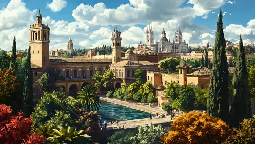 Historic Mediterranean cityscape with towers and gardens.