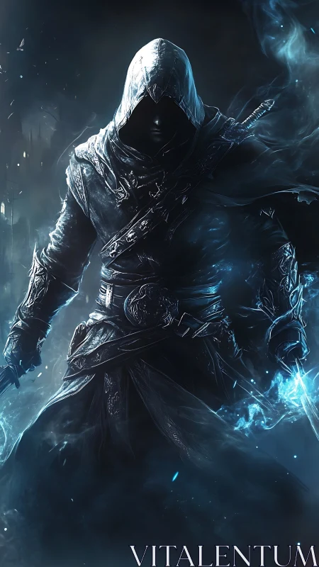 Hooded spectral assassin channels bioluminescent blue arcane energy