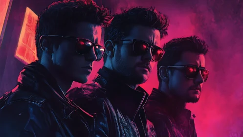 Neon cyberpunk trio in leather jackets and red shades.