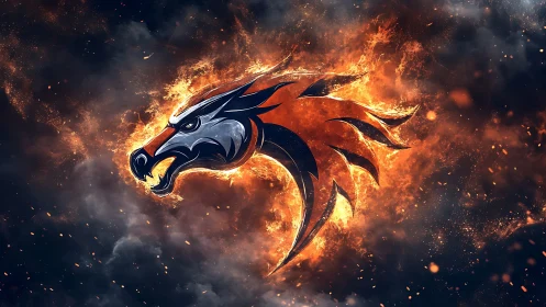 Flaming metallic dragon emblem blazes within dark smoke