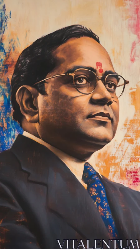 Formal portrait of suited man with glasses and textured brushwork