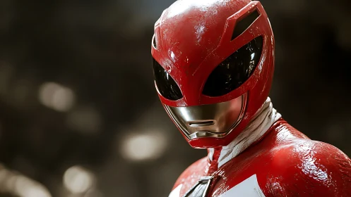 Crimson armored hero gazes forward with polished resolve.