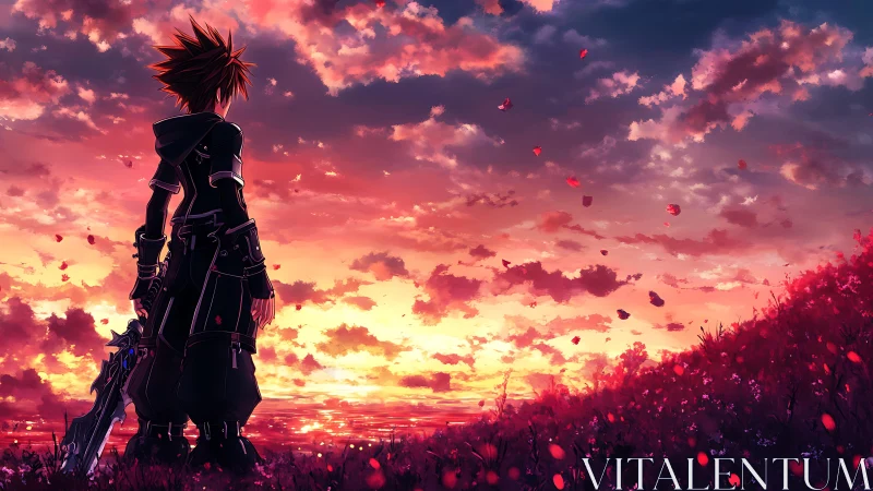 Sword-carrying figure overlooking vivid sunset field.