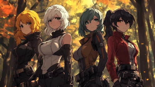 Confident anime heroines standing strong in autumn light.