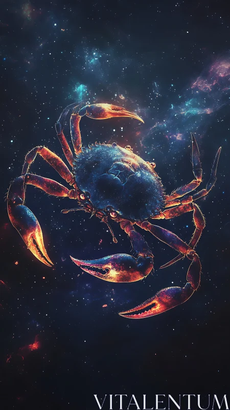 Cosmic crab illustration against deep star field backdrop.
