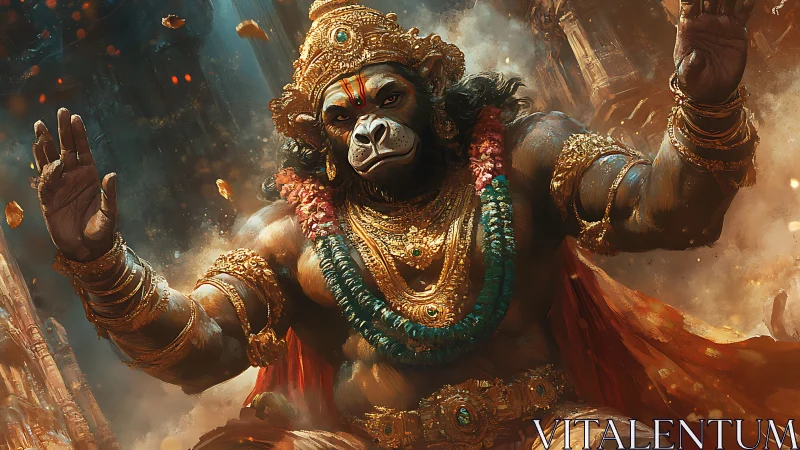 Divine warrior ape deity rises in blazing temple ruins