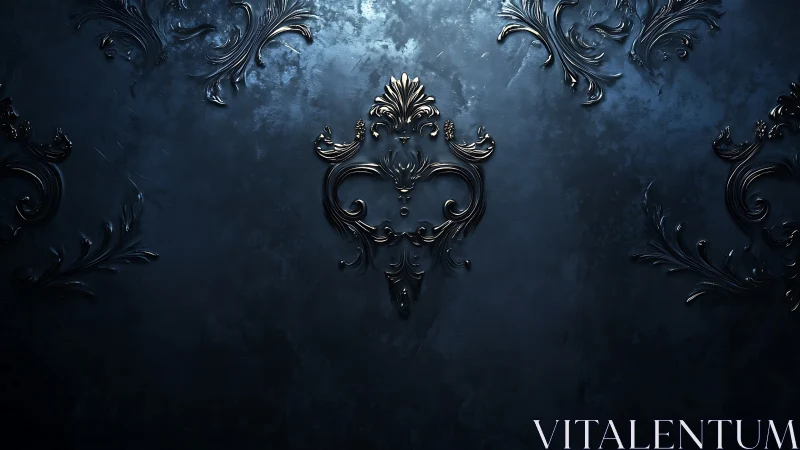 Ornate dark baroque flourishes glow on textured blue wall.