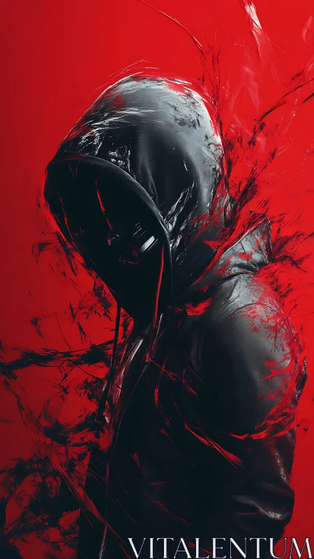 Hooded figure in black jacket amid red abstract streaks.