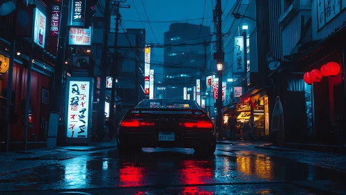 Retro sports car in neon lit rainy Japanese alley at night.