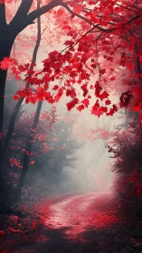 Red Maple Forest Path in Autumn Mist.