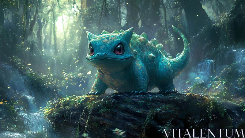 Fantasy forest creature stands watch in glowing waterfall glade