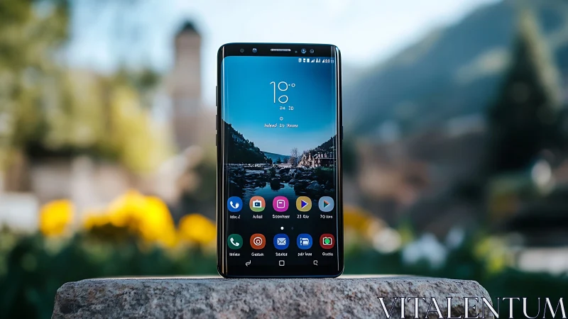 Modern Phone on Stone with Mountain View.