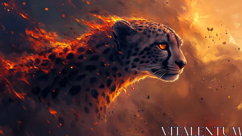 Cheetah profile rendered with fiery particle effects and glow