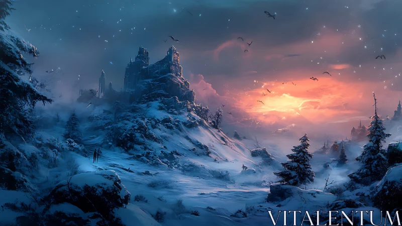 Snowbound castle above glowing horizon at sunset.