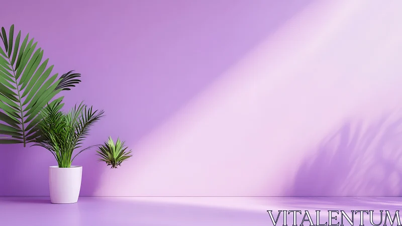 Minimalist houseplants rest in soft purple sunlight glow.