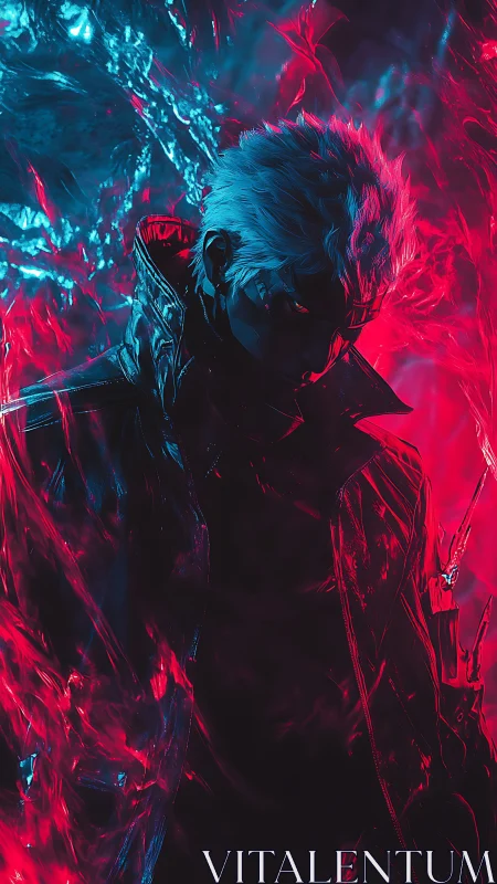 Neon-lit cyber warrior in high-contrast magenta cyan glow.