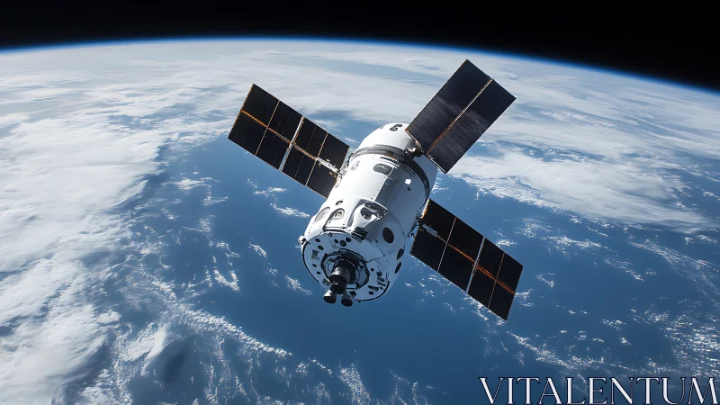 Photorealistic orbital spacecraft with solar array symmetry.