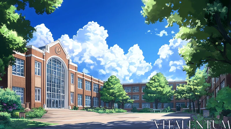 Sunny brick school courtyard under deep blue summer sky