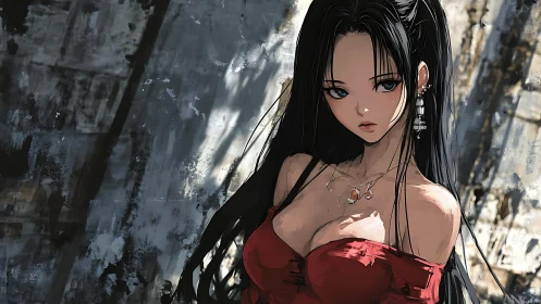 Raven haired anime muse smolders in weathered city light.