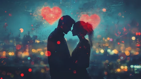 Silhouetted Couple Embrace: Urban Bokeh with Luminous Heart Motifs