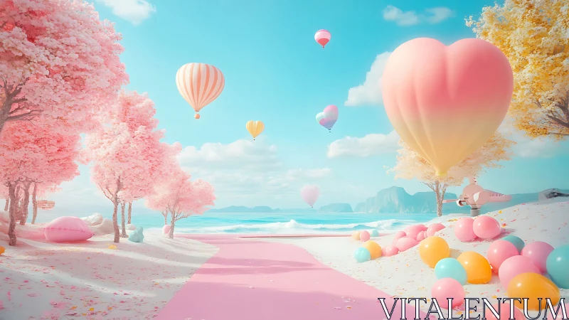 Candyfloss shore under heart-shaped balloons in pastel daydream.