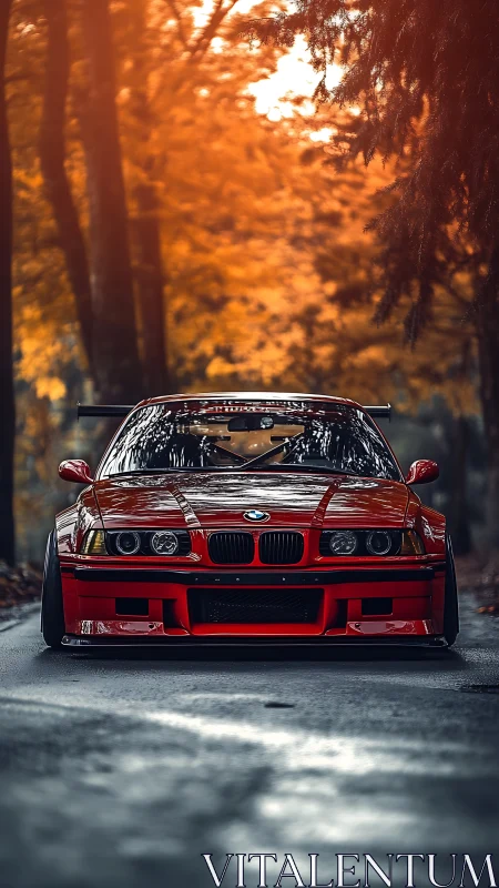 Red sports car glowing against cozy autumn forest road.