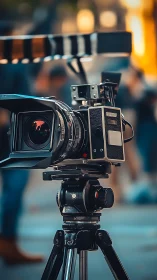 Broadcast cine camera on tripod with shallow depth of field.