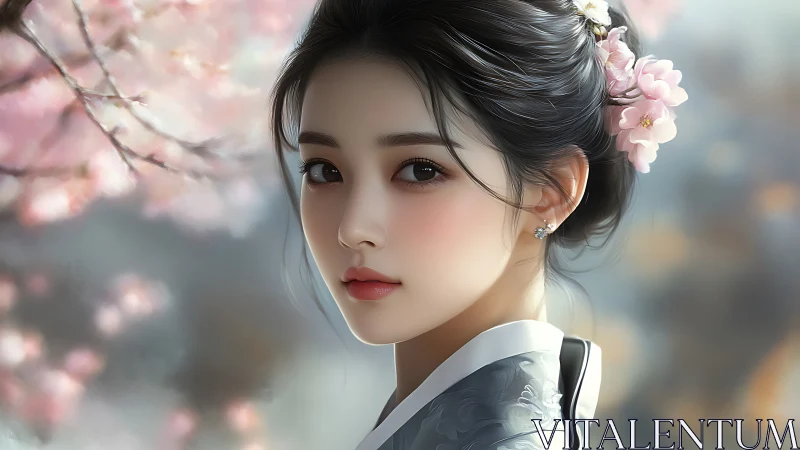 Serene kimono portrait under soft blooming sakura light.