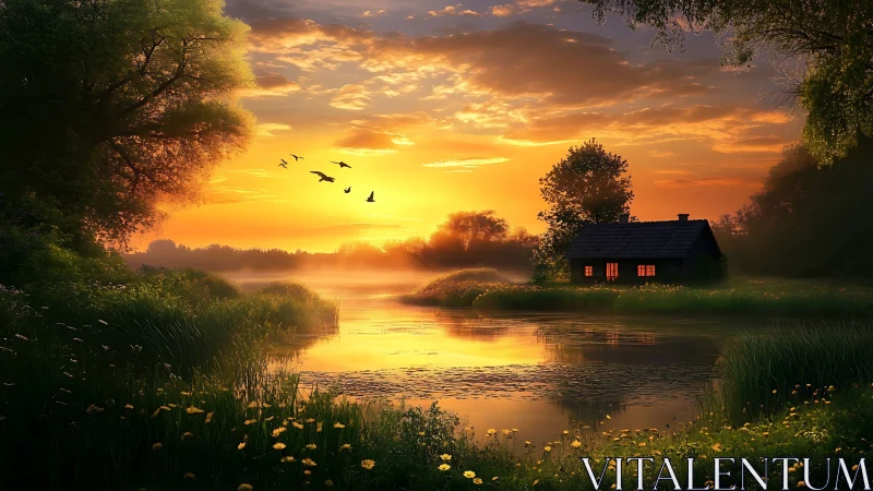 Digital painting of riverside cabin at luminous sunset glow.