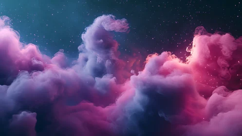 Nebula clouds in cosmic pink and teal digital dreamscape.