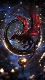 Red dragon pendant encircled by glowing golden ring.
