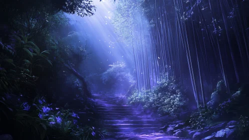 Ethereal Cavern Path Bathed in Luminescent Blue Light.