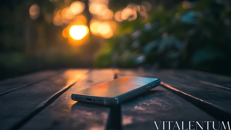 Smartphone rests where urban twilight bathes surfaces in golden reverie.