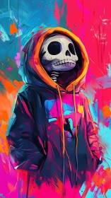 Hooded skeleton character in neon abstract street art.