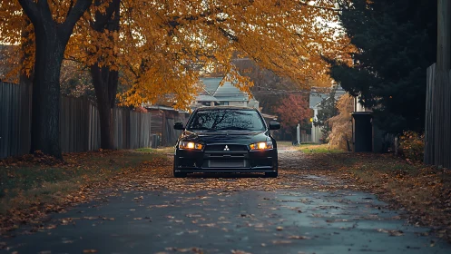 Lowered black sedan aligned on autumn lane with centered perspective
