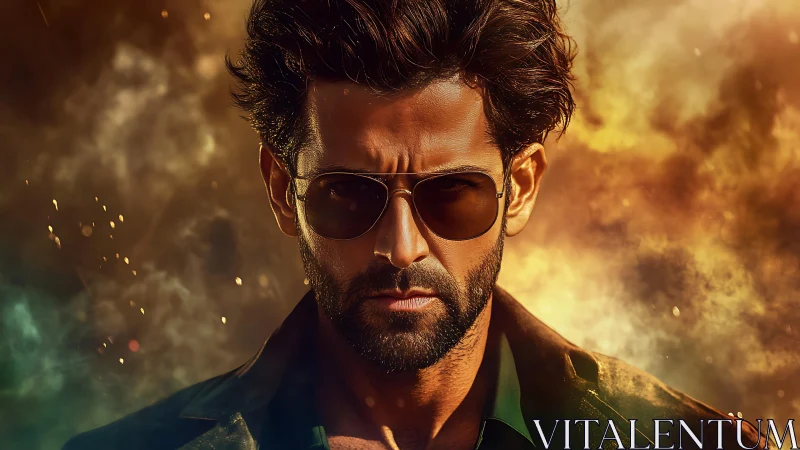 Storm-lit rebel in sunglasses framed by cinematic firestorm.