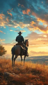 Solitary cowboy on horseback surveys glowing sunset valley