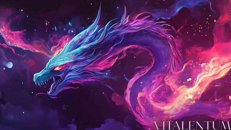 Spectral neon dragon coils through cosmic clouds with emissive flames