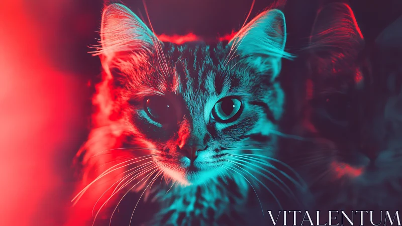 Dual-Color Neon Cat Portrait with Chromatic Separation and Luminous Gaze