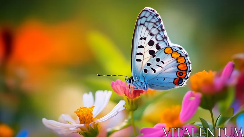 Blue butterfly on pink flower in vivid garden scene.