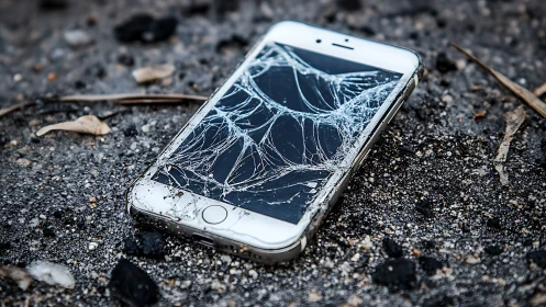 Smartphone with shattered screen lying on rough asphalt.