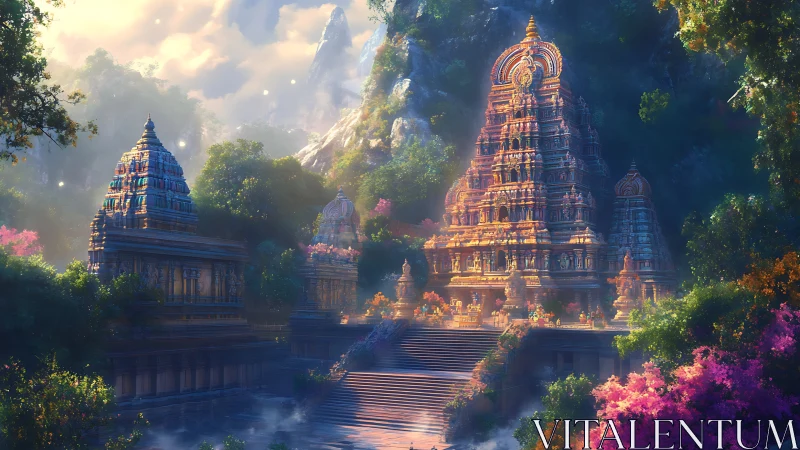 Sunlit terraced temple complex rises through lush misted valley