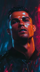 Intense male portrait under neon blue and red rim lighting